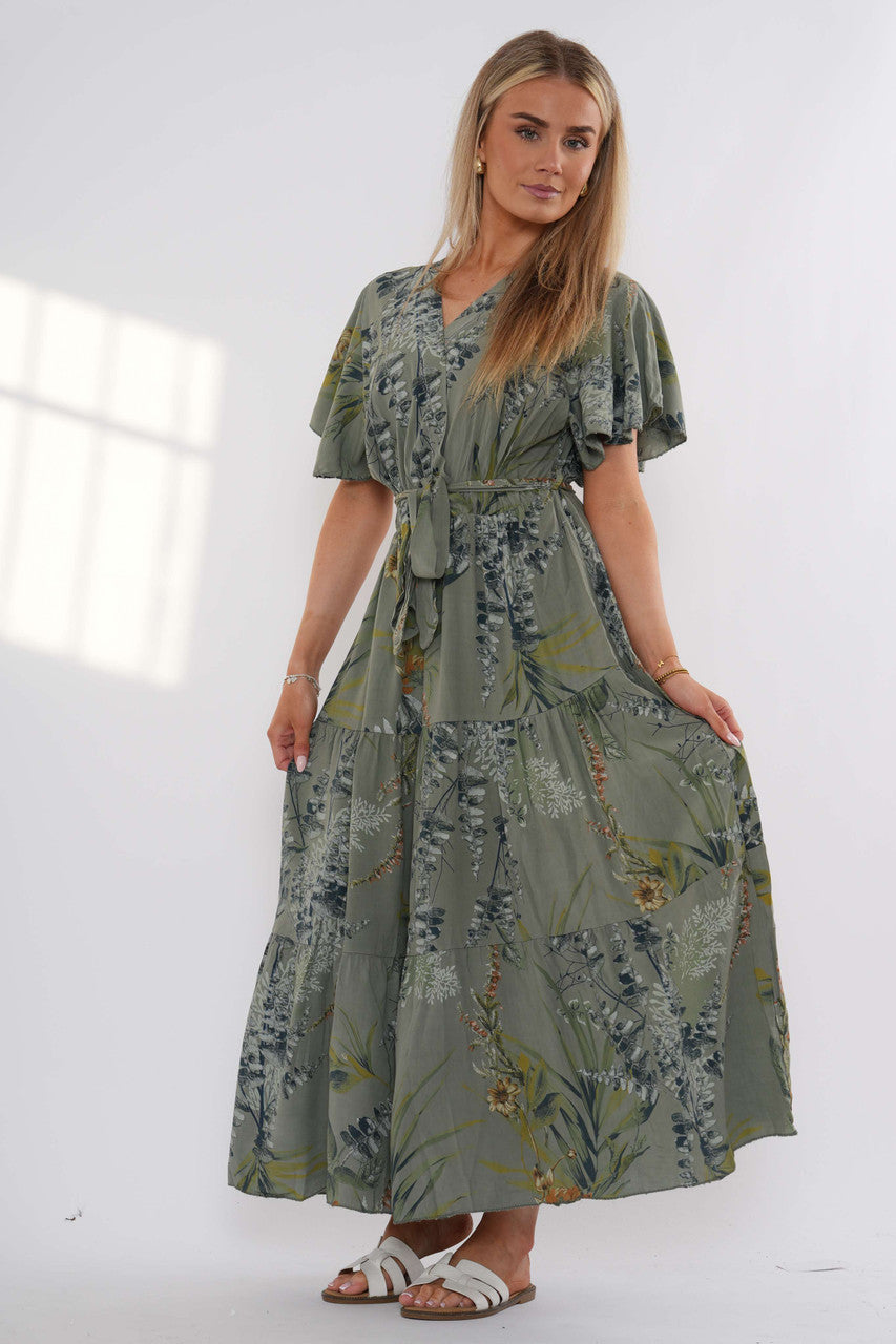 Floral Tiered Maxi Dress – Khaki