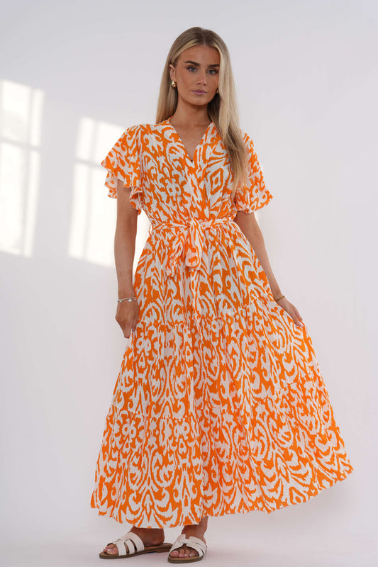 Abstract Print Tiered Maxi Dress – Orange