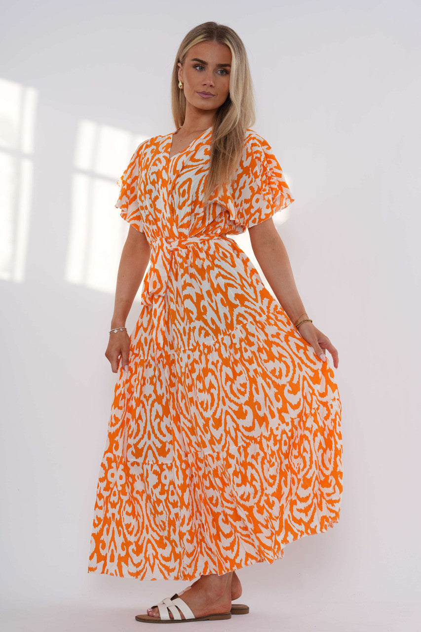 Abstract Print Tiered Maxi Dress – Orange