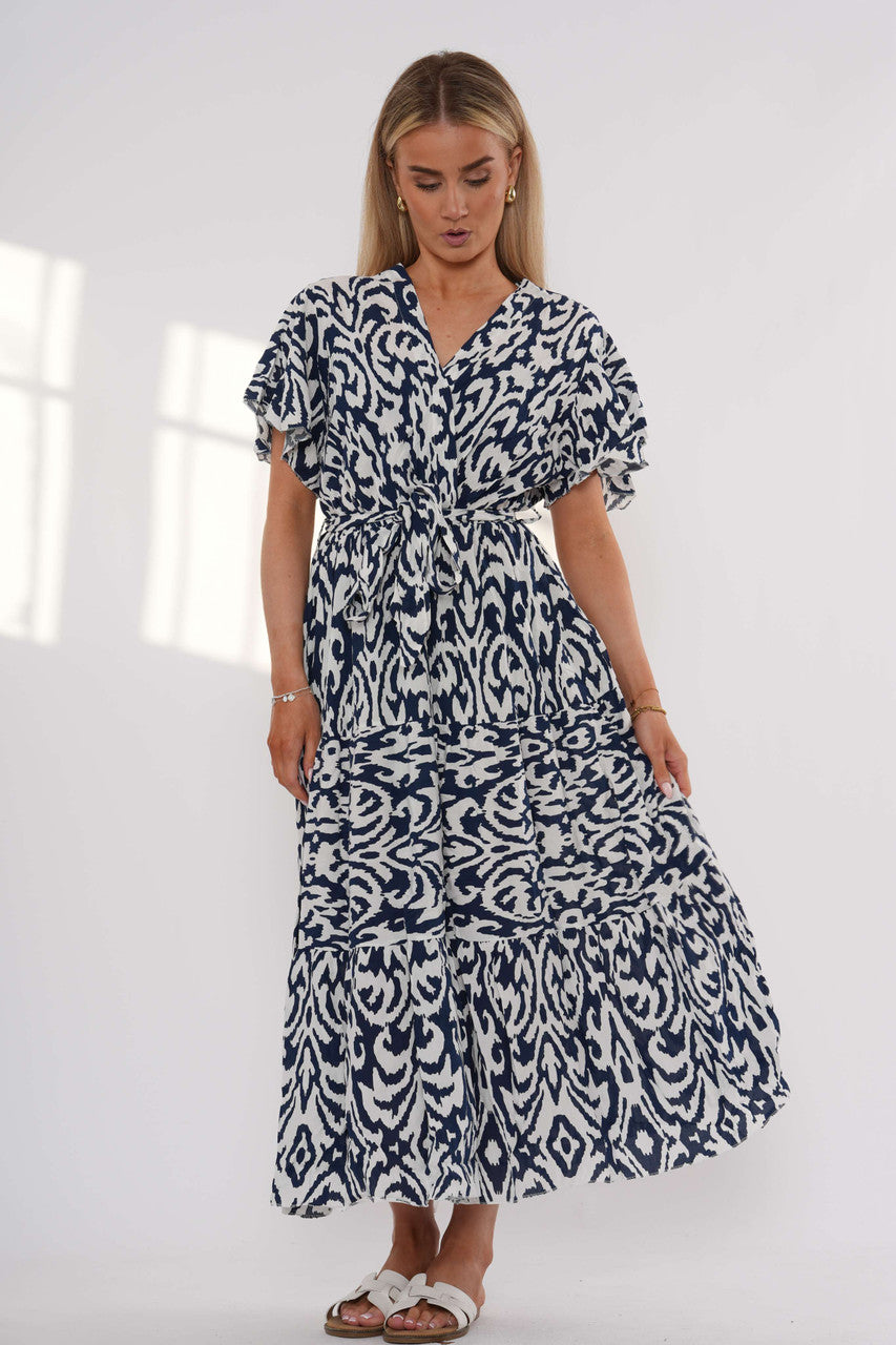 Maxi Jurk met Lagen en Abstracte Print – Marineblauw