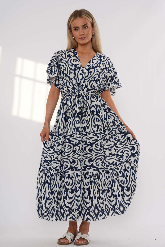 Abstract Print Tiered Maxi Dress – Navy