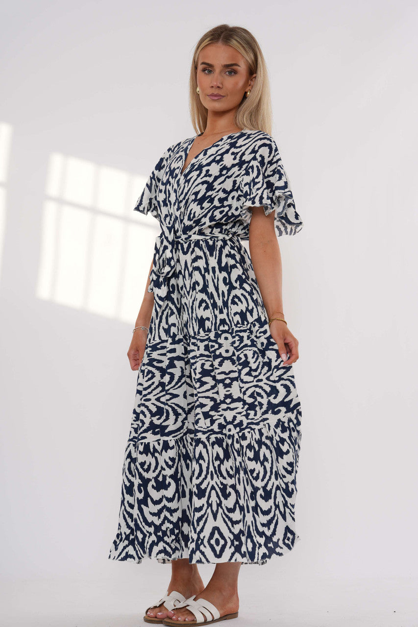 Maxi Jurk met Lagen en Abstracte Print – Marineblauw