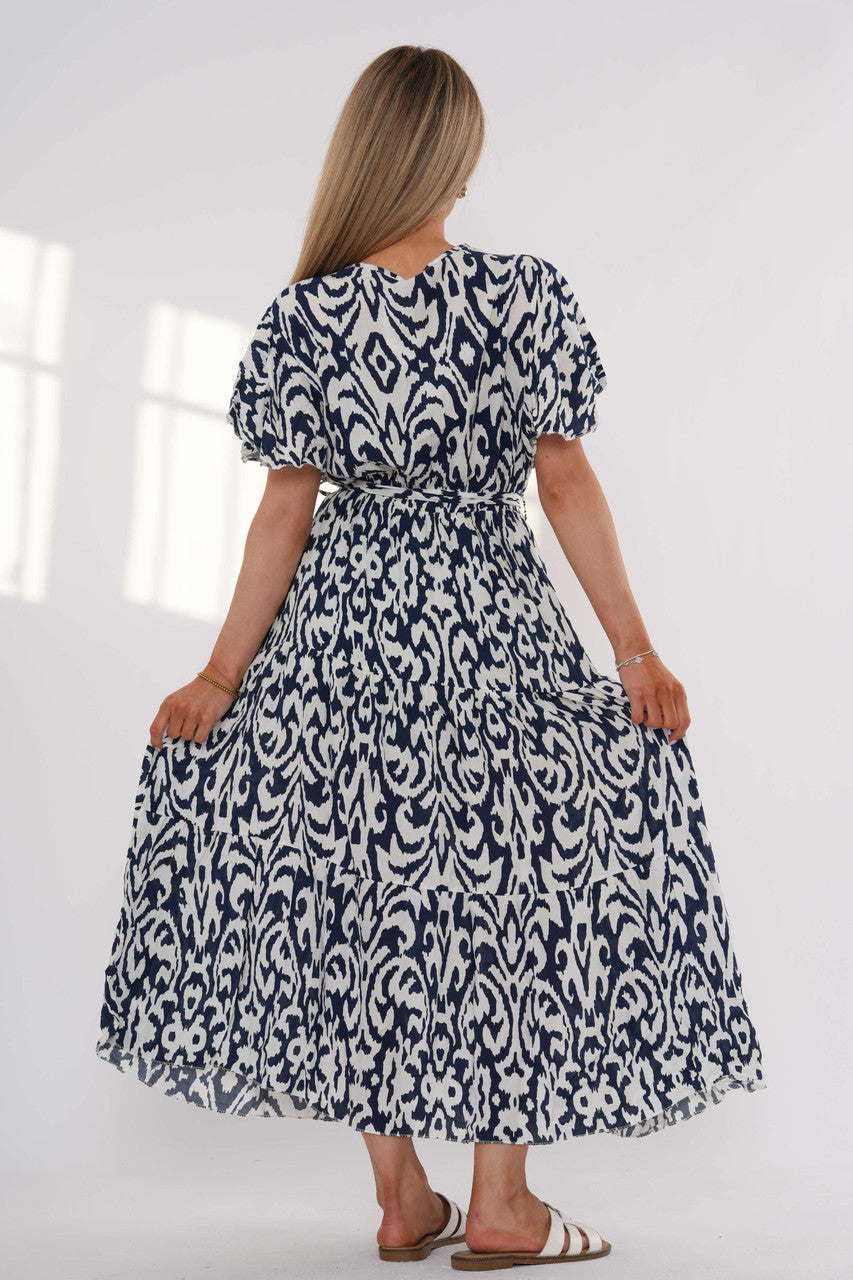 Maxi Jurk met Lagen en Abstracte Print – Marineblauw
