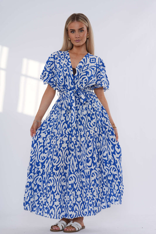 Abstract Print Tiered Maxi Dress – Royal Blue