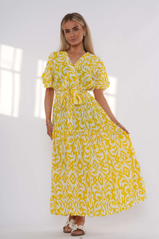 Abstract Print Tiered Maxi Dress – Yellow