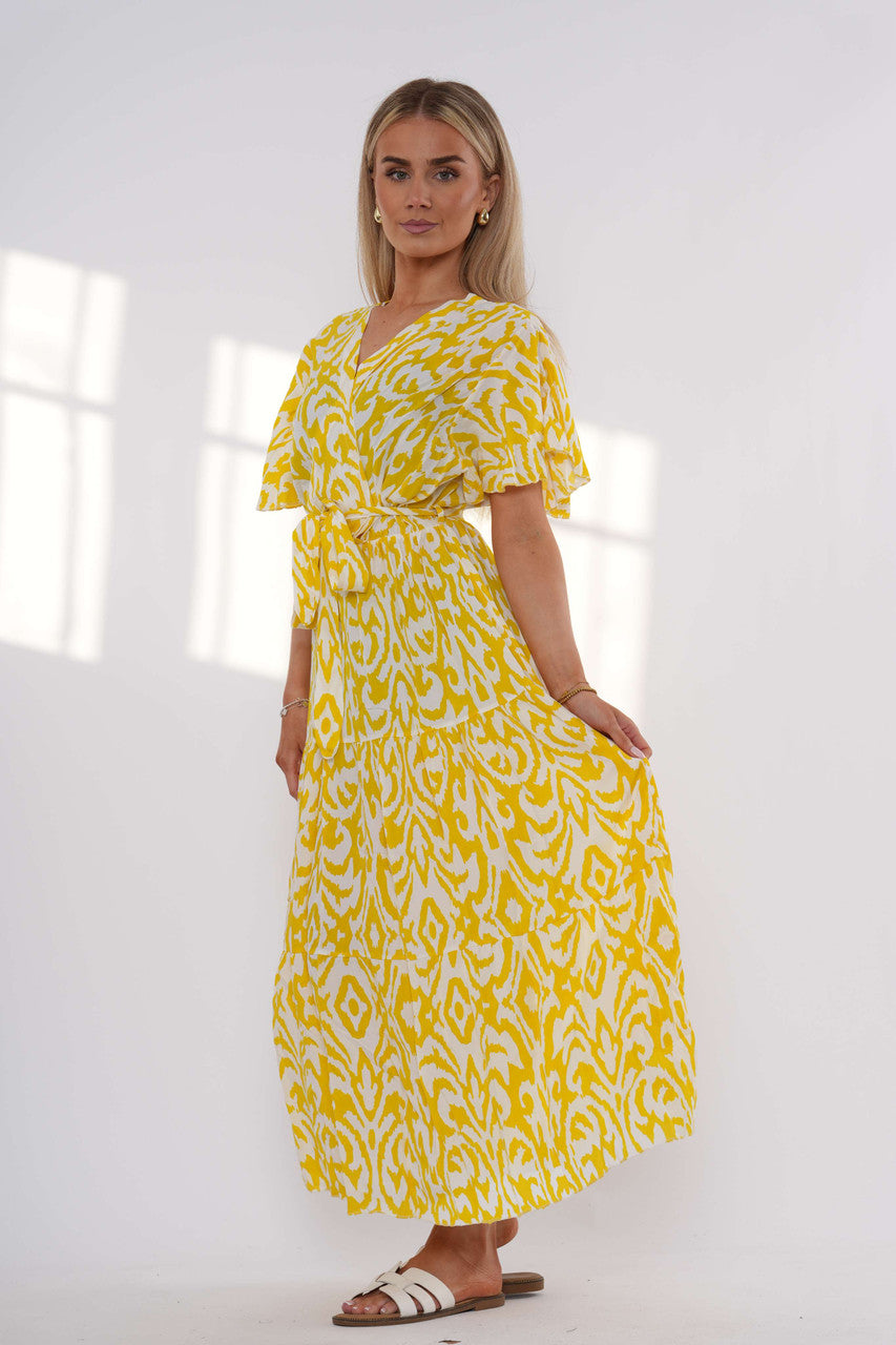 Abstract Print Tiered Maxi Dress – Yellow