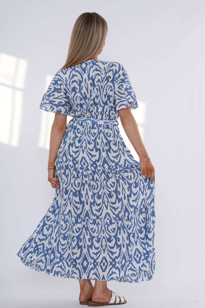 Abstract Print Tiered Maxi Dress – Denim
