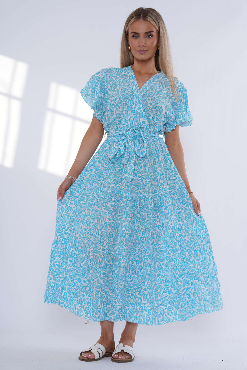 Leaf Print Tiered Maxi Dress - Turquoise