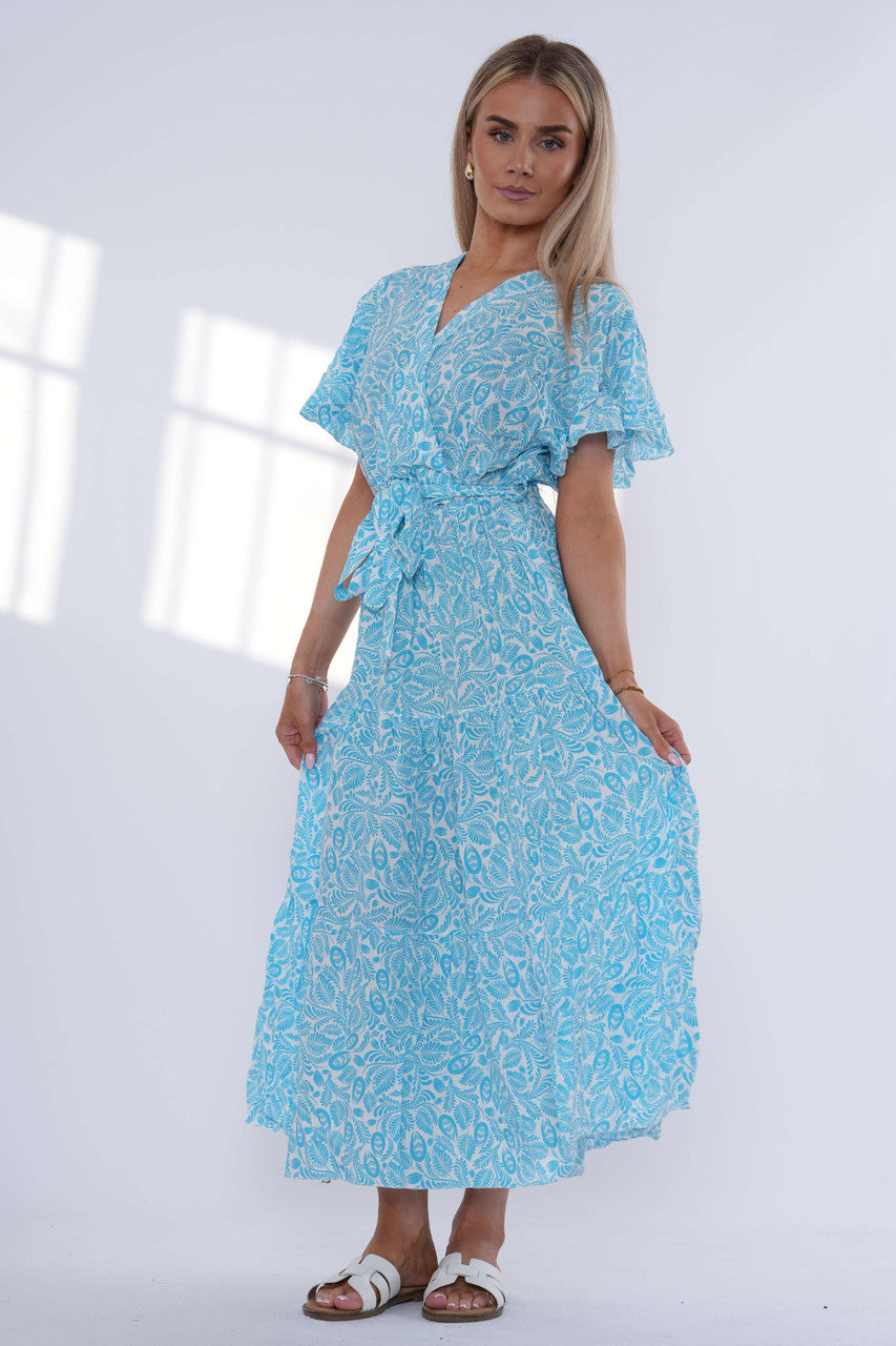 Leaf Print Tiered Maxi Dress - Turquoise