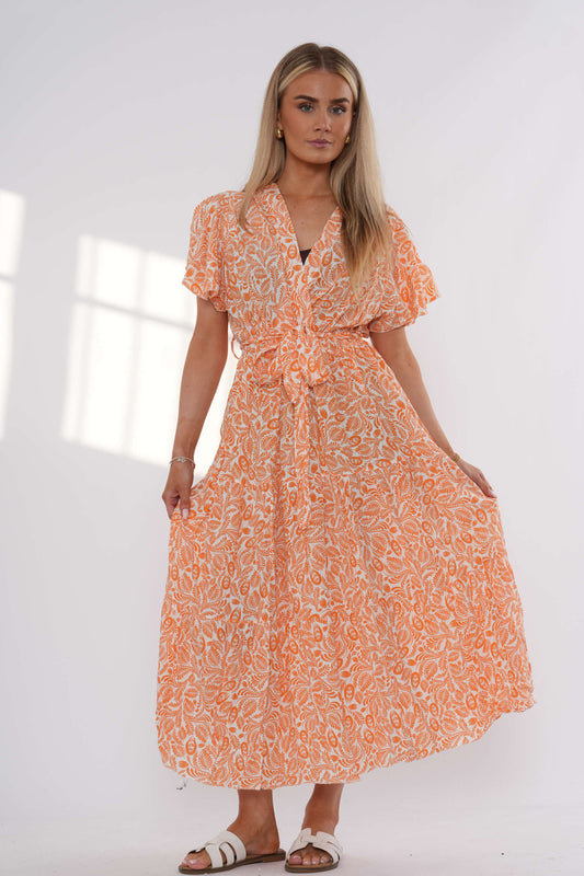 Leaf Print Tiered Maxi Dress - Orange