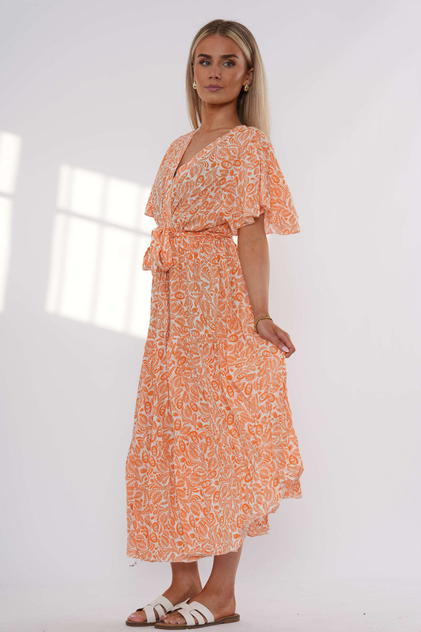 Leaf Print Tiered Maxi Dress - Orange