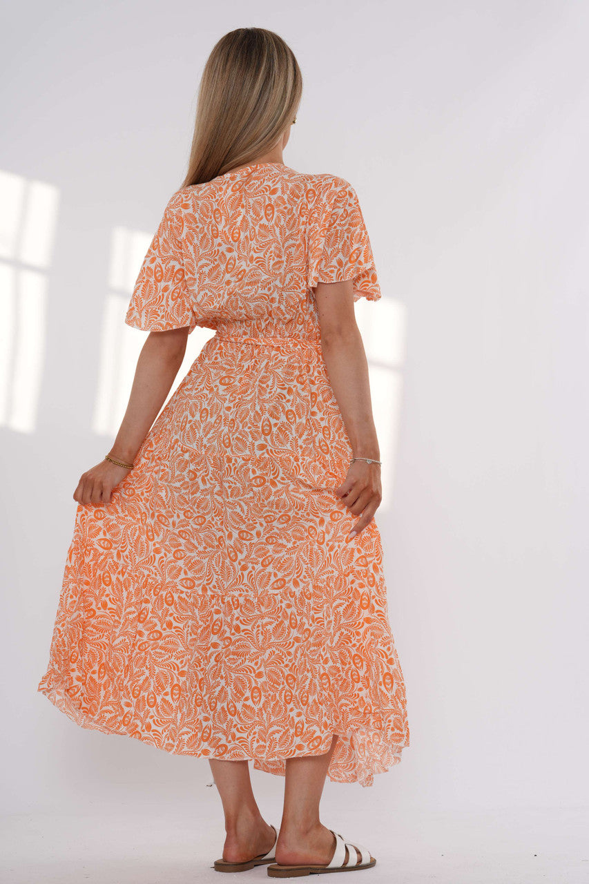 Leaf Print Tiered Maxi Dress - Orange