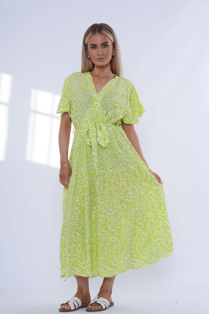 Leaf Print Tiered Maxi Dress - Lime