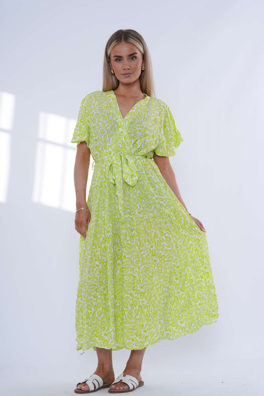 Leaf Print Tiered Maxi Dress - Lime