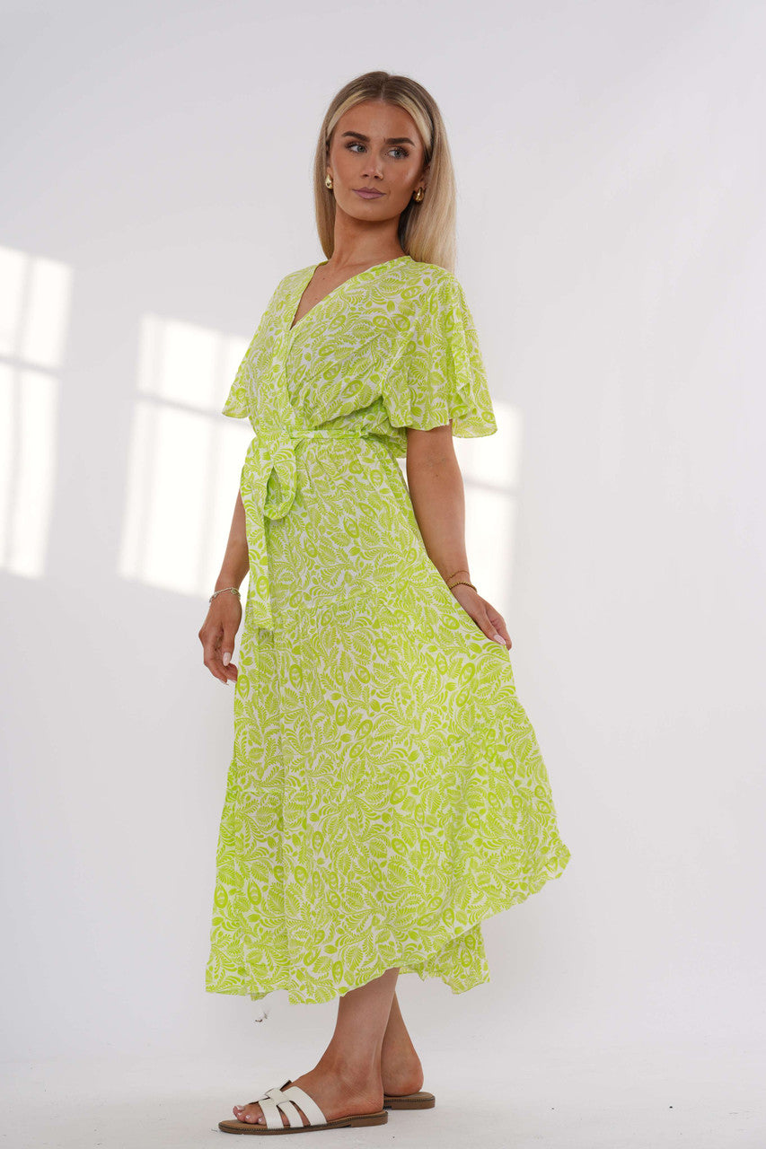 Leaf Print Tiered Maxi Dress - Lime