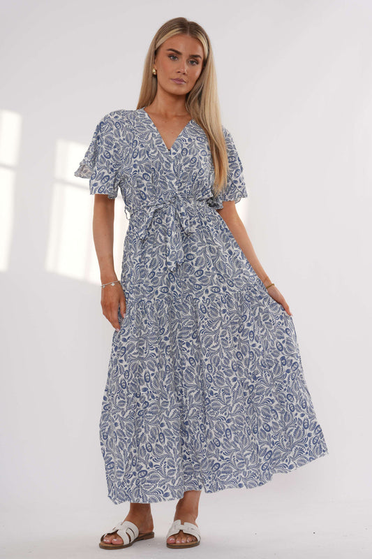 Leaf Print Tiered Maxi Dress - Denim
