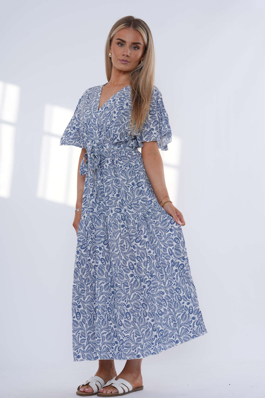 Maxi-jurk met bladerprint en laagjes - Denim