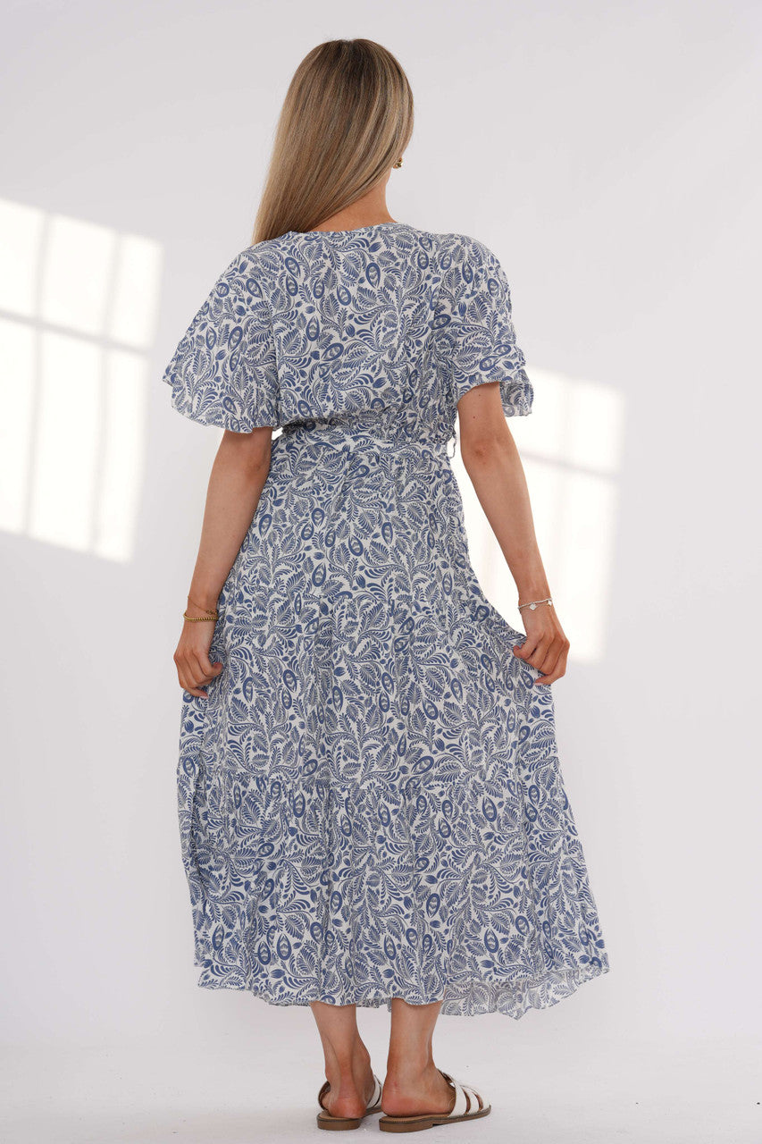 Maxi-jurk met bladerprint en laagjes - Denim