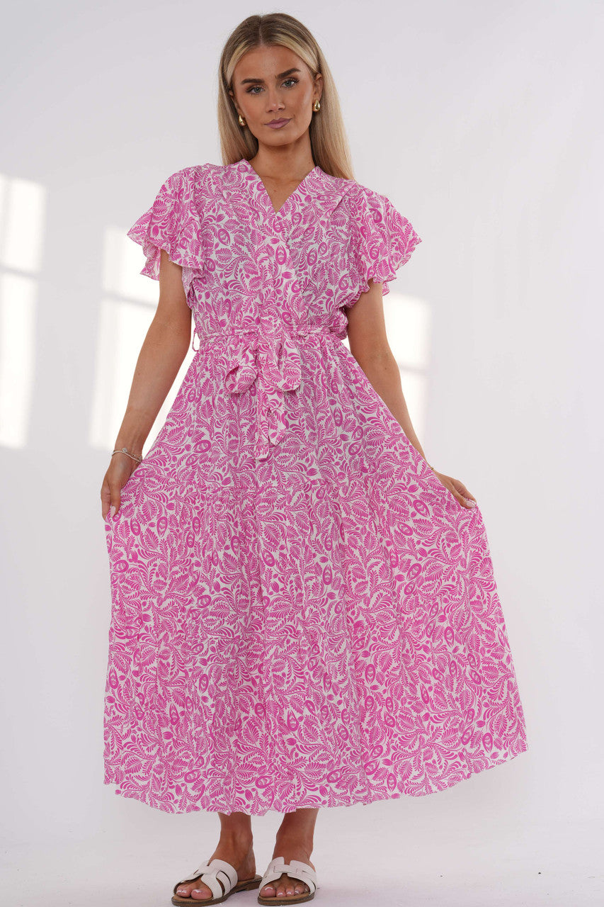 Maxi-jurk met bladerprint en ruches - Fuchsia