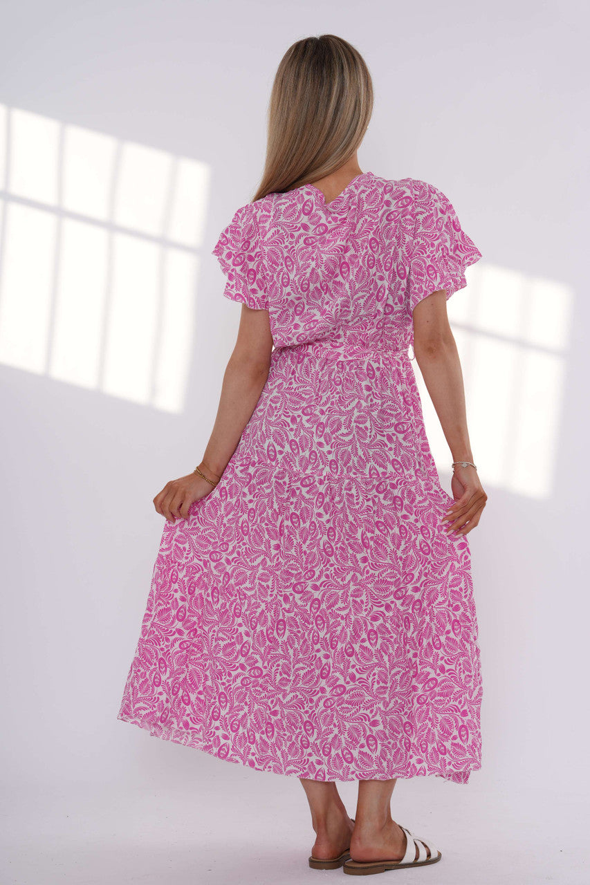 Maxi-jurk met bladerprint en ruches - Fuchsia