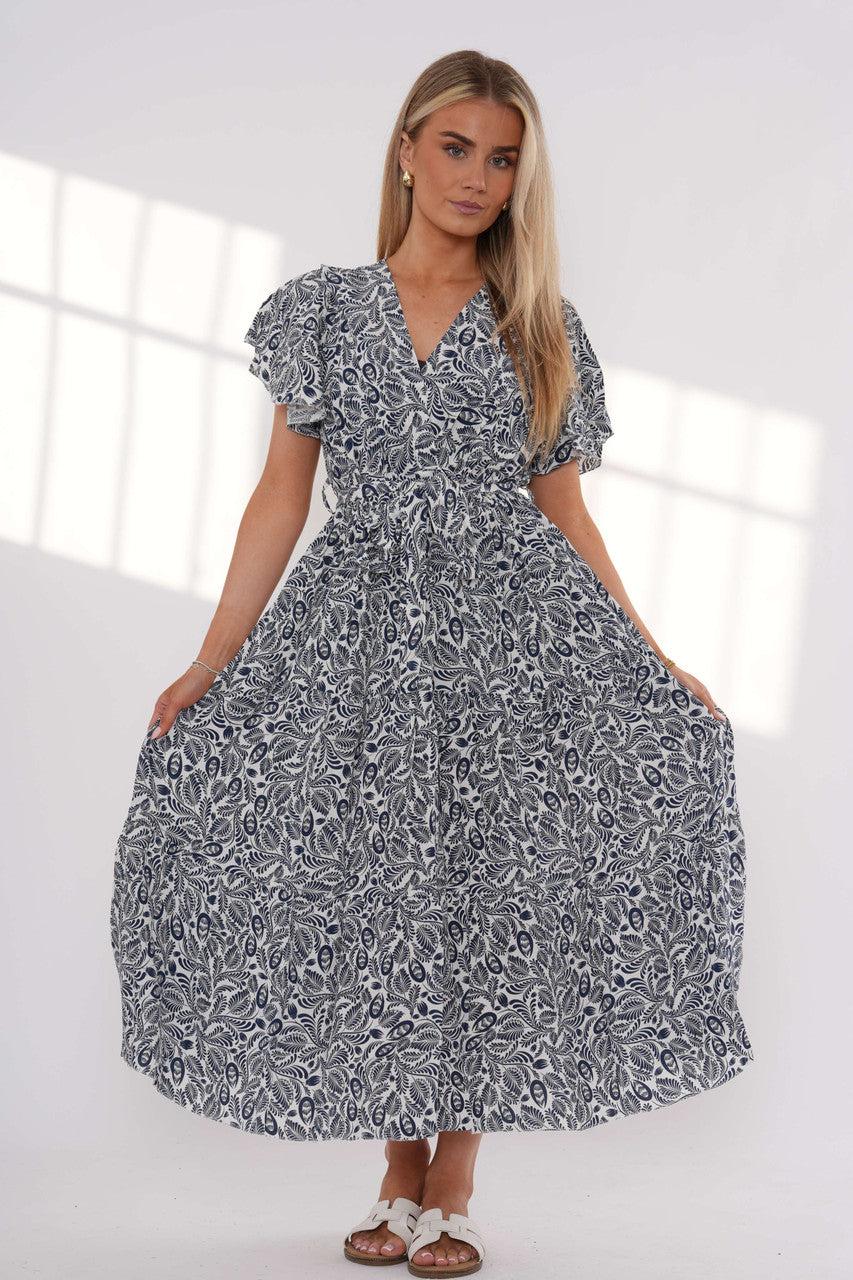 Maxi-jurk met bladerprint en ruches - Marineblauw