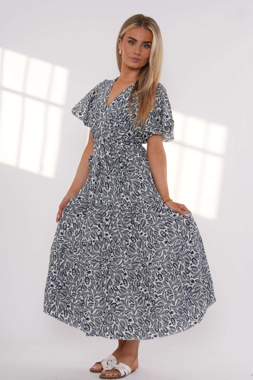 Maxi-jurk met bladerprint en ruches - Marineblauw