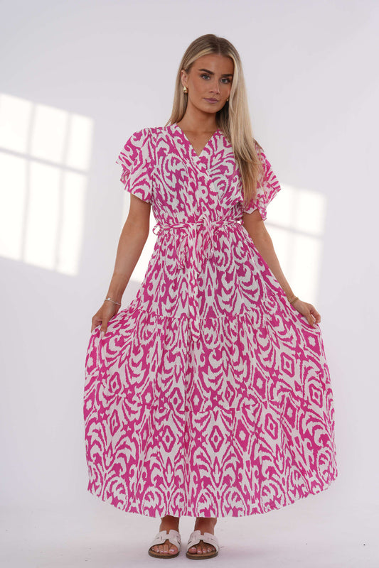 Abstract Print Tiered Maxi Dress – Fuschia