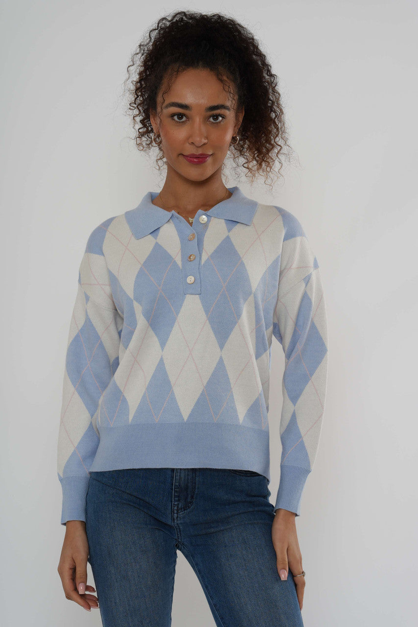 Argylegebreide polotrui - Blauw