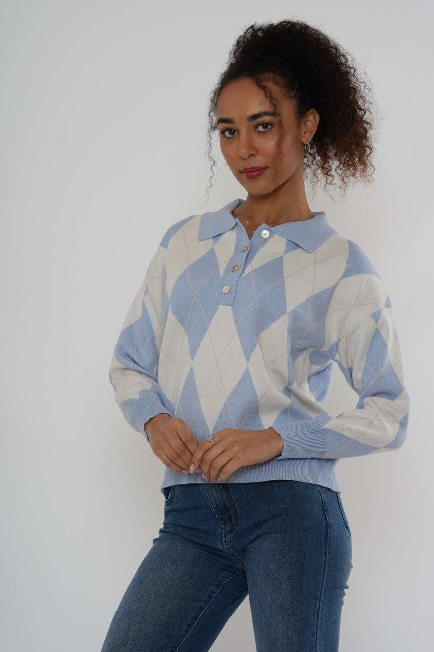 Argylegebreide polotrui - Blauw