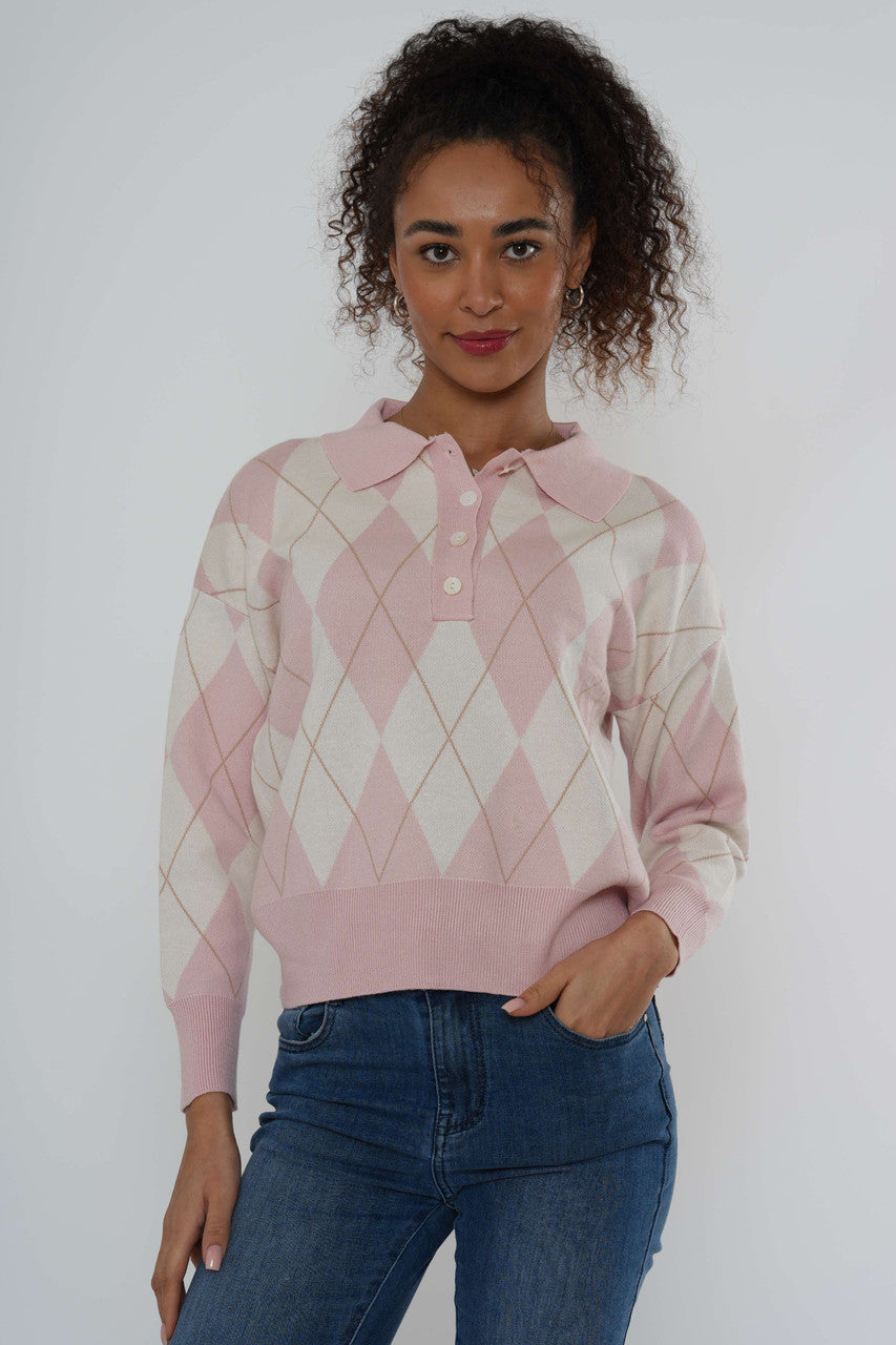 Argyle Gebreide Polo Jumper - Roze
