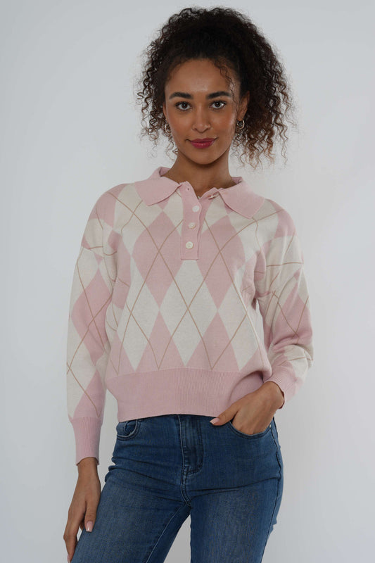 Argyle Gebreide Polo Jumper - Roze