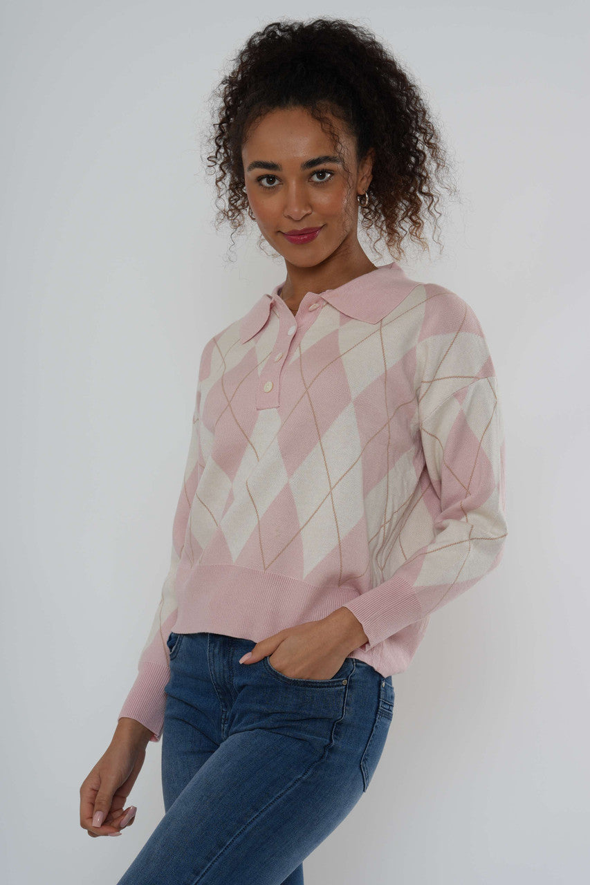 Argyle Gebreide Polo Jumper - Roze