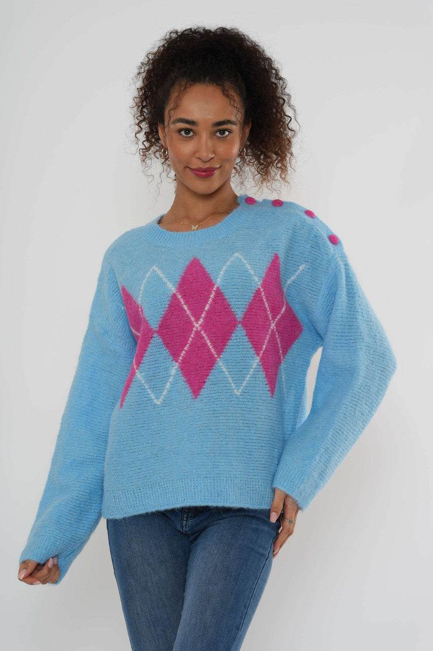 Argyle trui met knoopsluiting op de schouder - Blauw