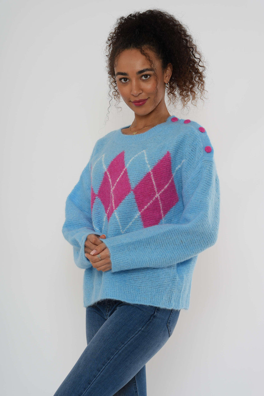 Argyle trui met knoopsluiting op de schouder - Blauw