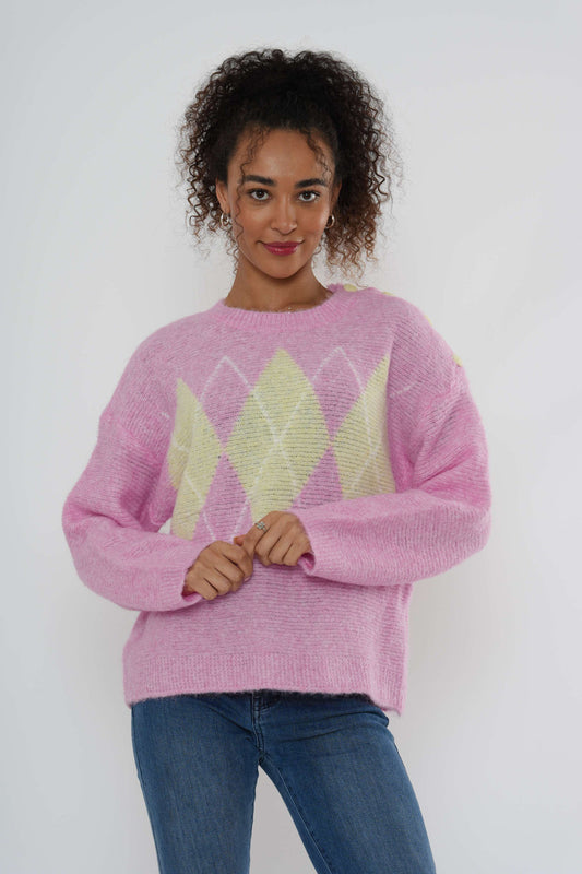 Argyle gebreide trui met knoopsluiting op de schouder - Roze