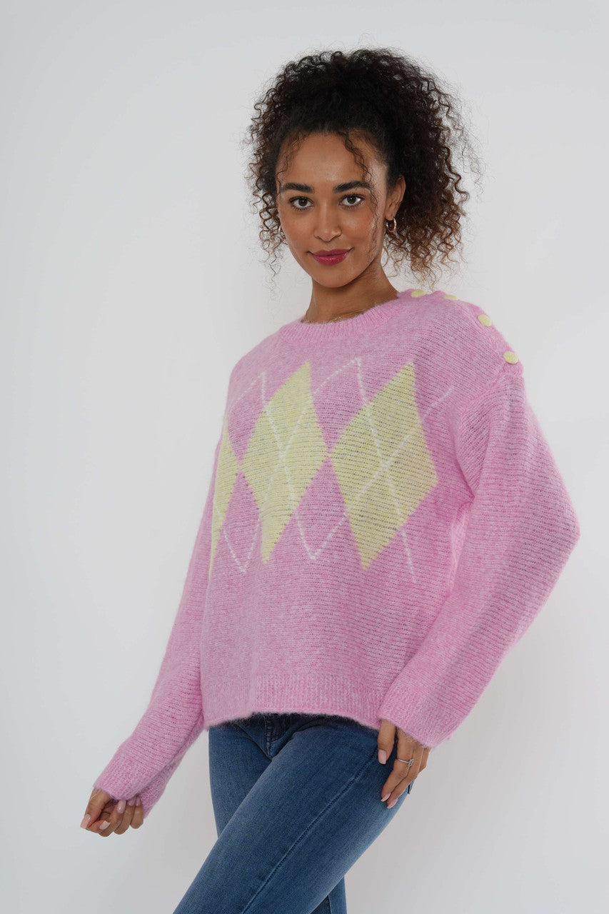 Argyle gebreide trui met knoopsluiting op de schouder - Roze