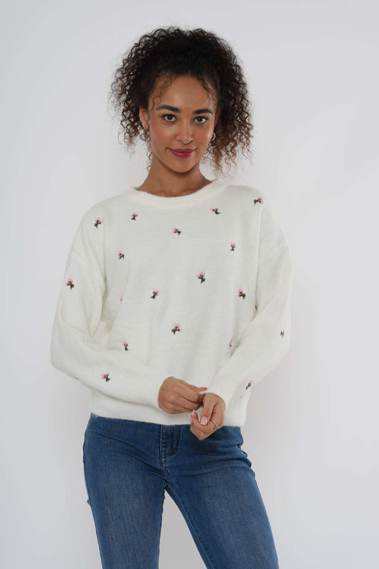 Geborduurde gebreide trui met bloemenprint - Wit