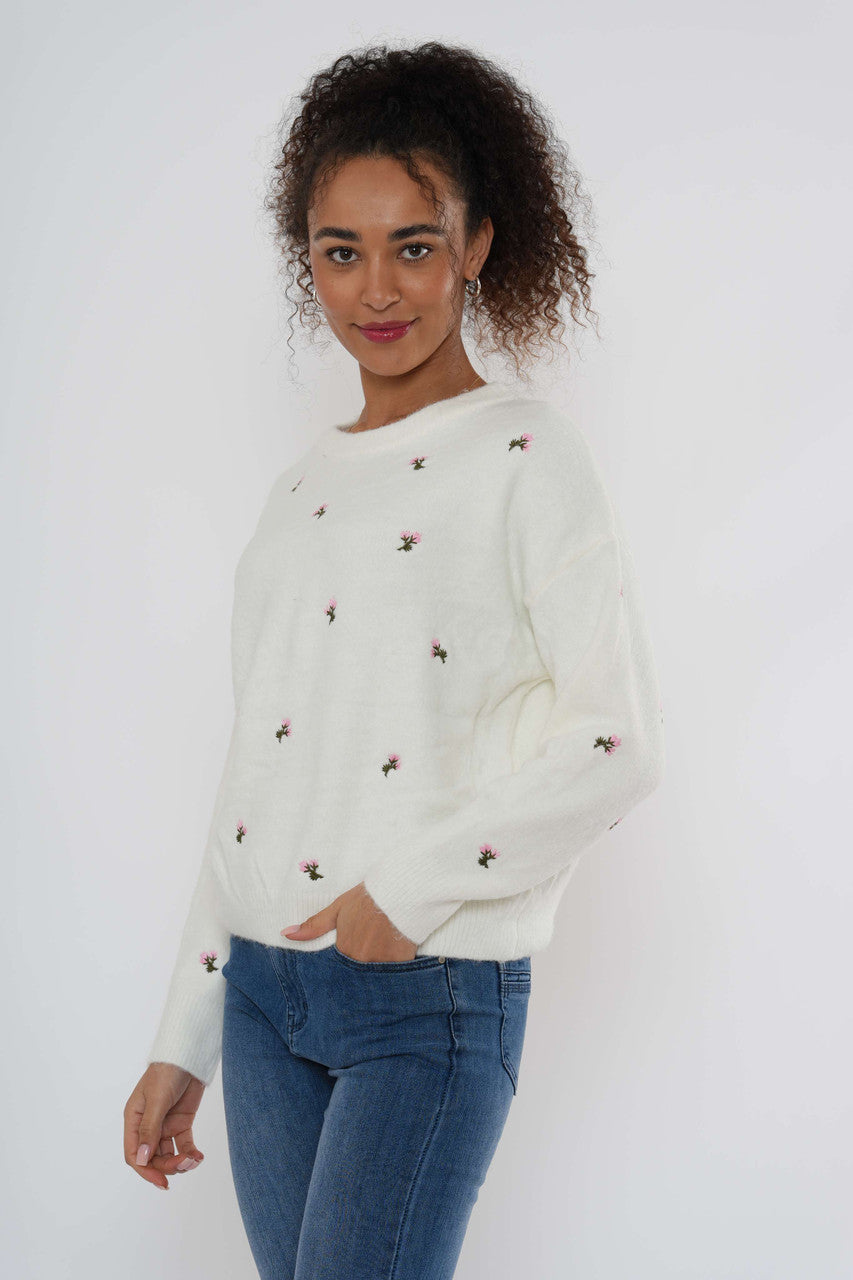 Geborduurde gebreide trui met bloemenprint - Wit