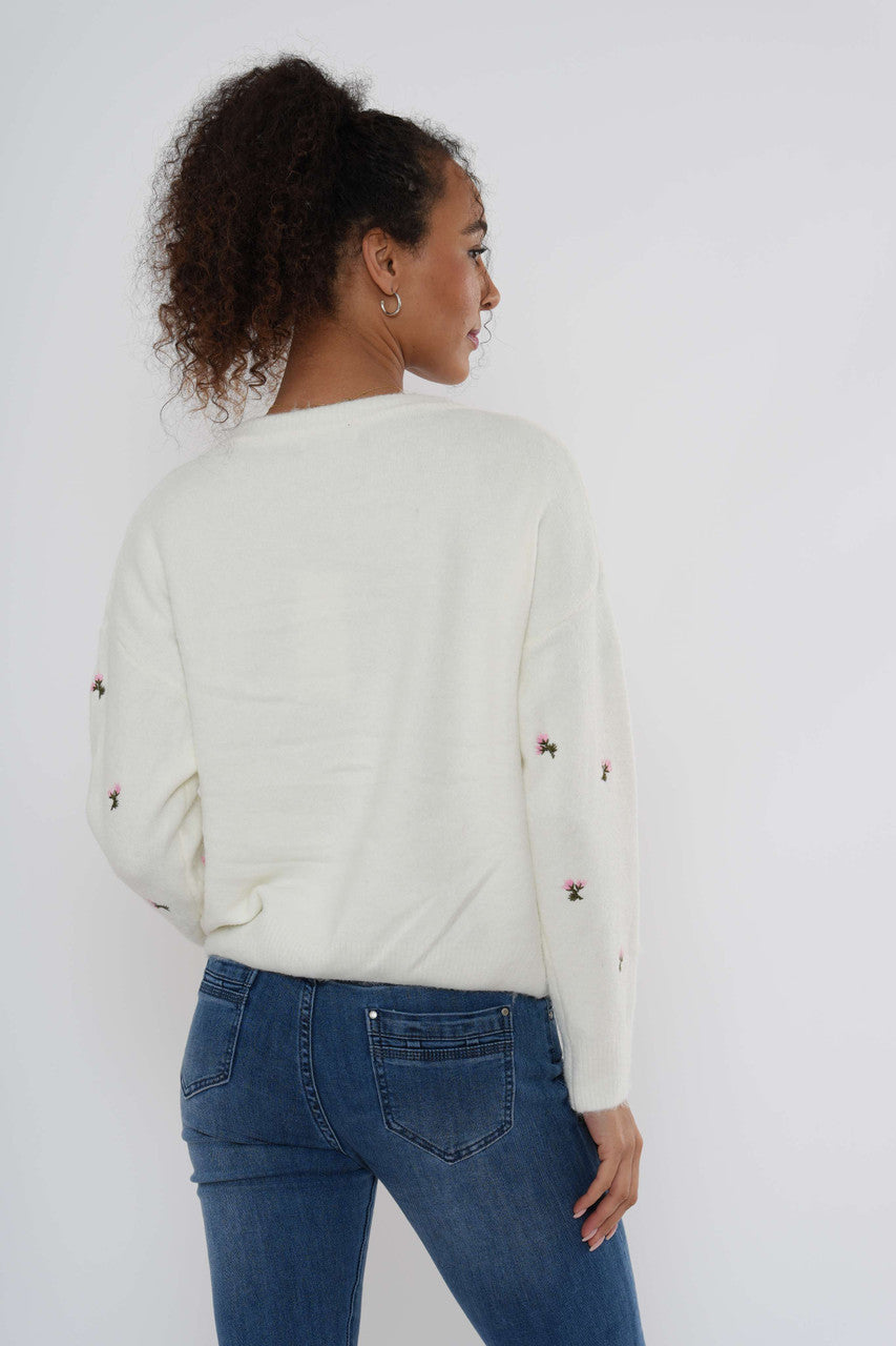 Geborduurde gebreide trui met bloemenprint - Wit