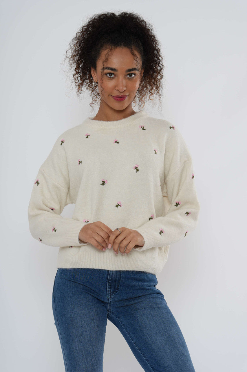 Embroidered Floral Knit Jumper - Beige