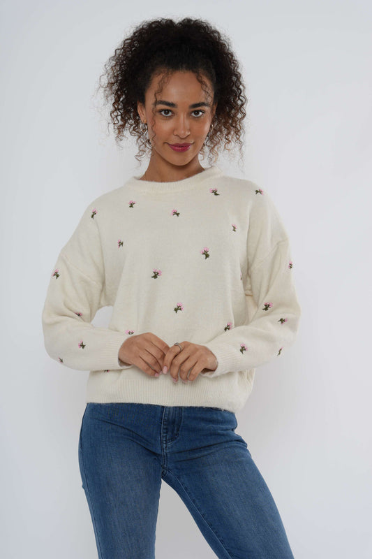 Gebreide Trui met Geborduurd Bloemmotief - Beige