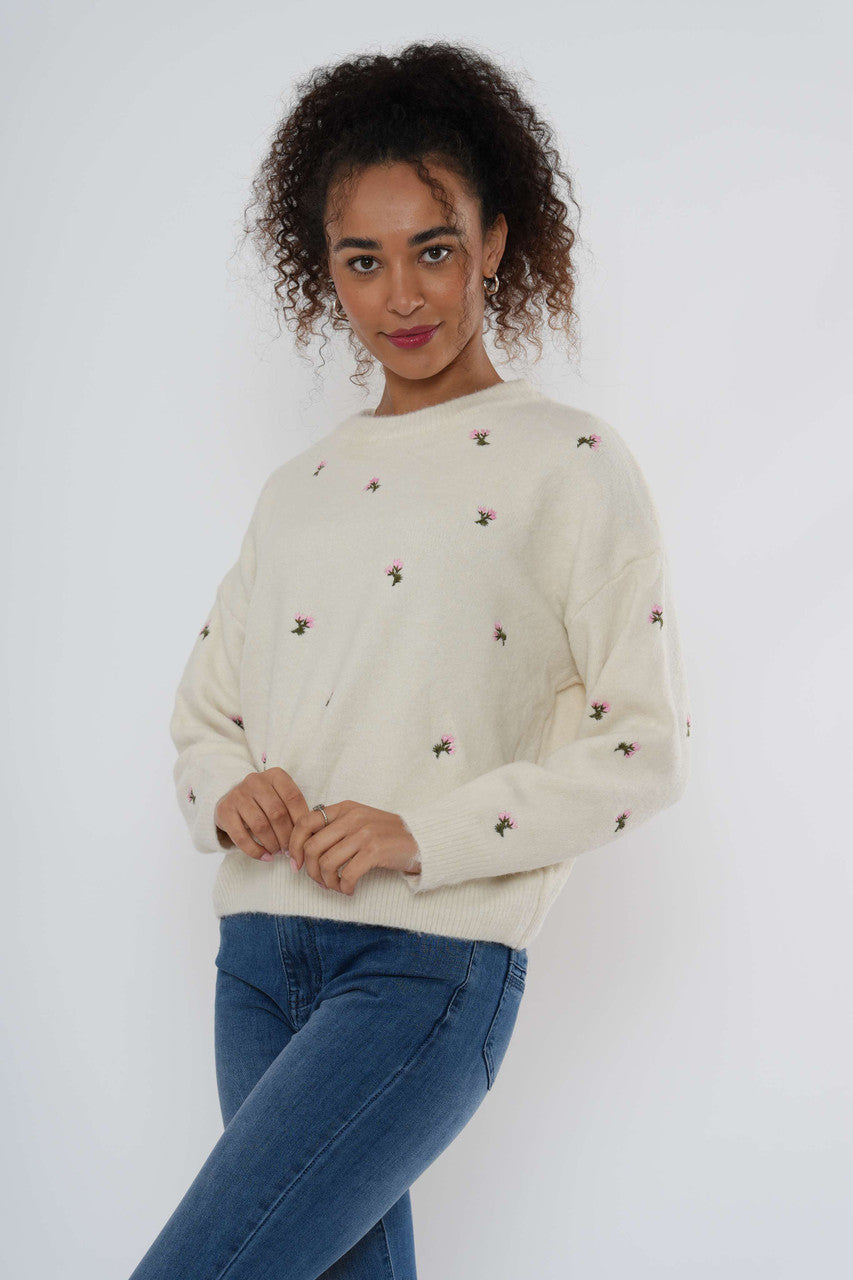 Embroidered Floral Knit Jumper - Beige