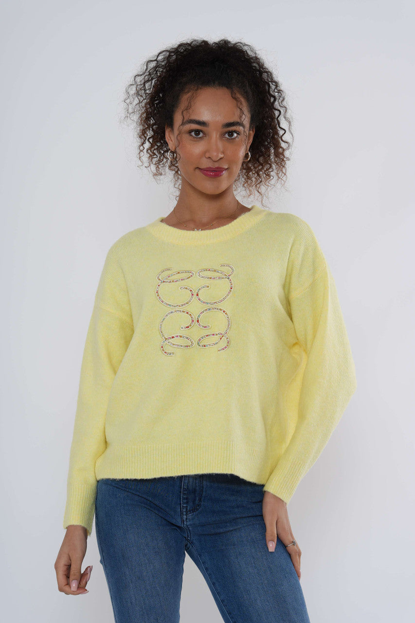 Embellished Slogan Knit Jumper - Lemon