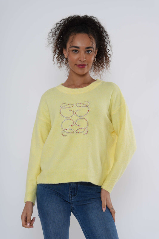 Embellished Slogan Knit Jumper - Lemon