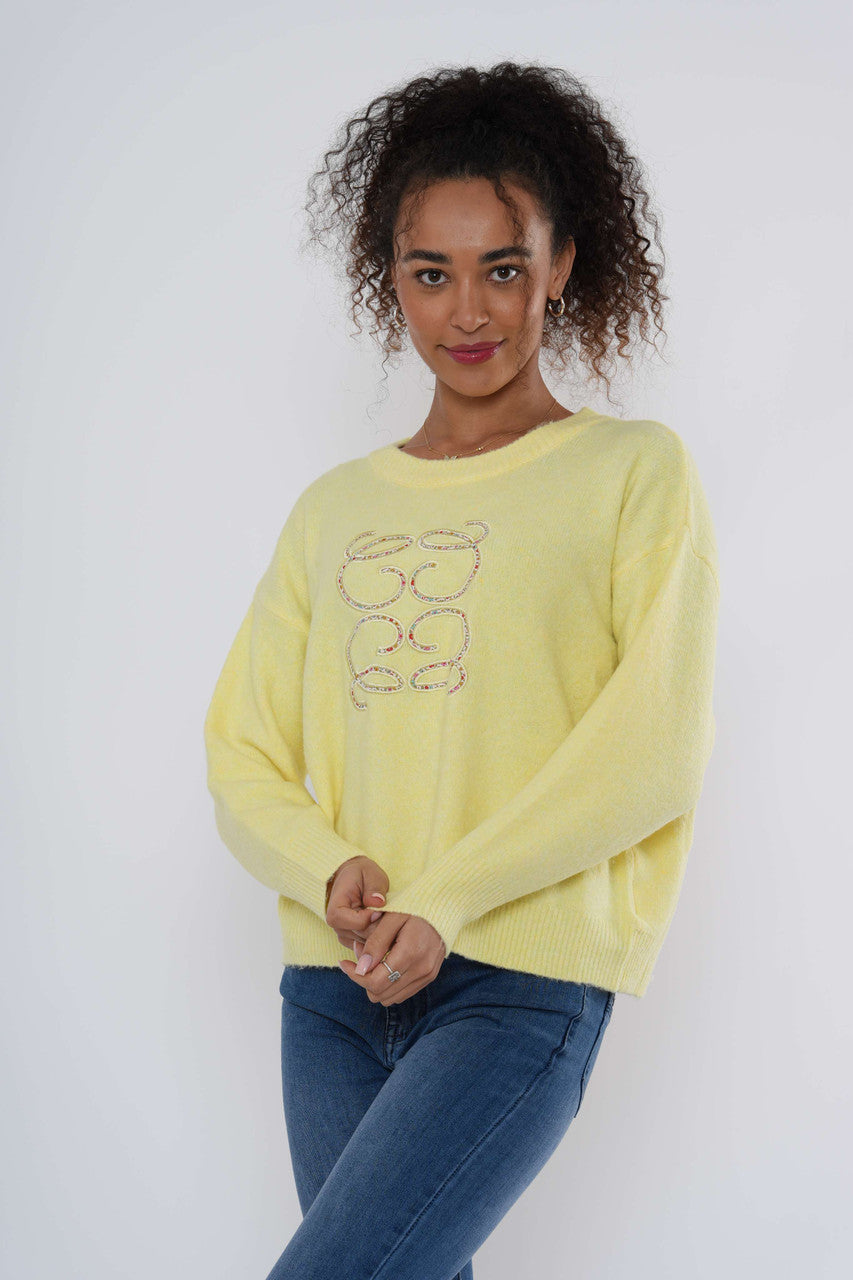 Embellished Slogan Knit Jumper - Lemon