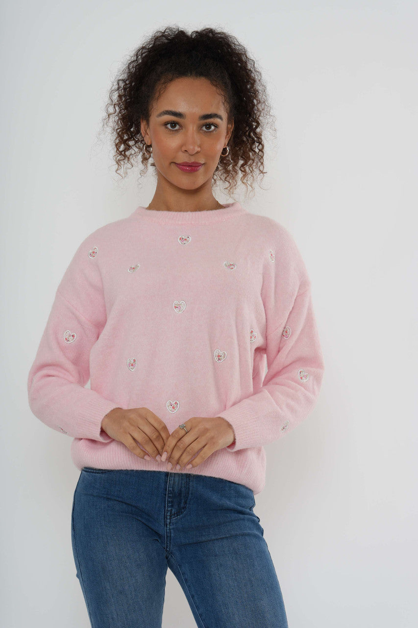 Embroidered Heart Knit Jumper - Soft Pink