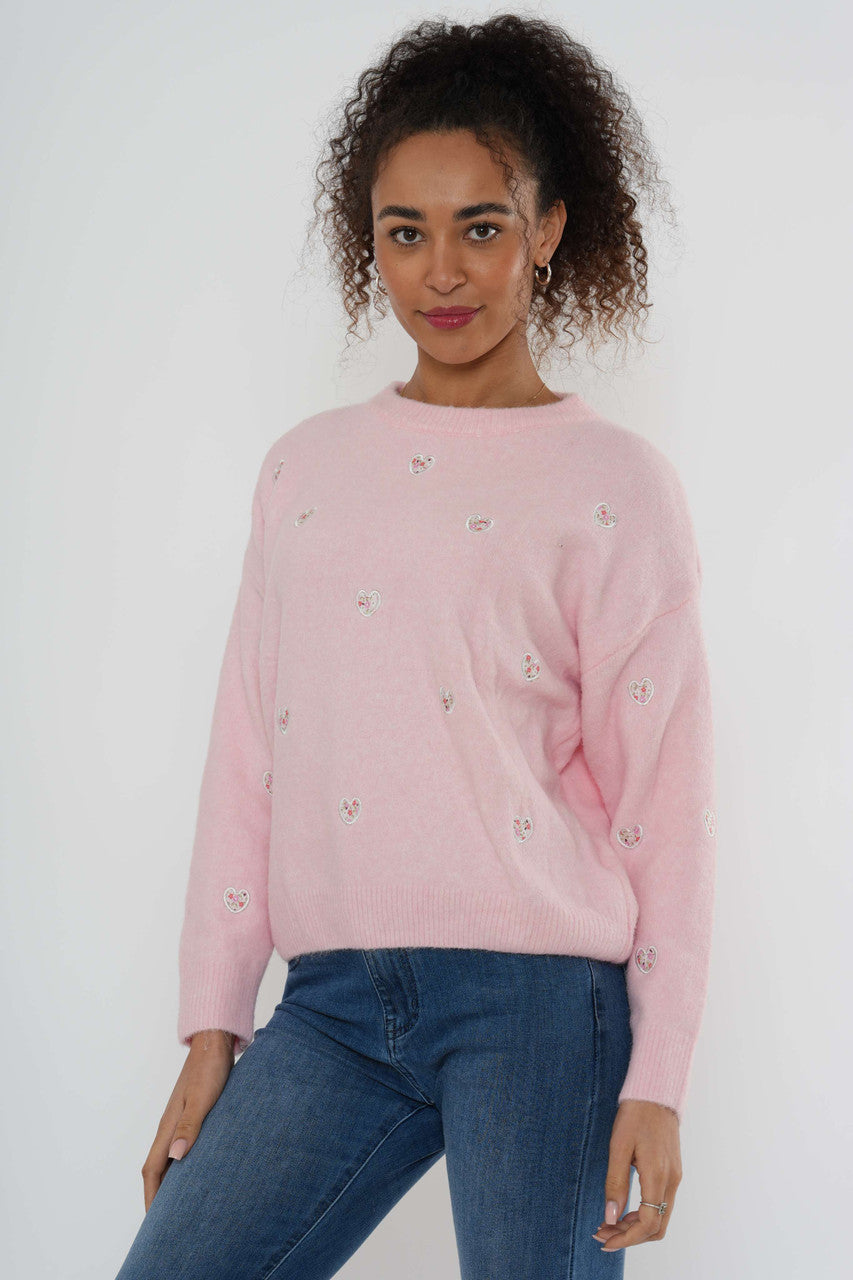 Embroidered Heart Knit Jumper - Soft Pink