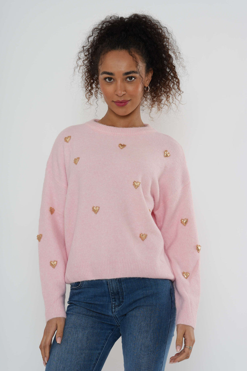 Embellished Heart Knit Jumper – Soft Pink