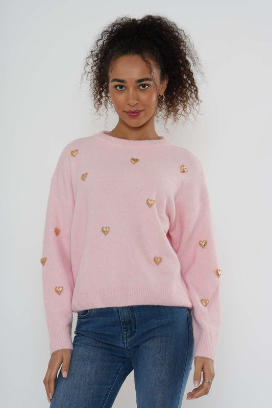 Embellished Heart Knit Jumper – Soft Pink