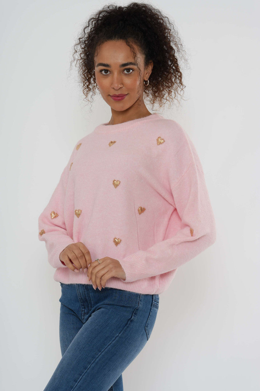 Embellished Heart Knit Jumper – Soft Pink